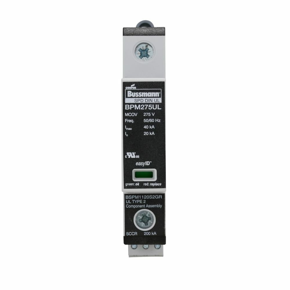 Surge Arrestor, Modular, with remote signaling contact, Technology type MOV, 120 to 127 Vac, 50/60 Hz frequency rating, One-phase, 200 kA short circuit rating, 35 mm DIN rail mount, GL/GG class, 25 Ns response time, 14 AWG solid/flexible t