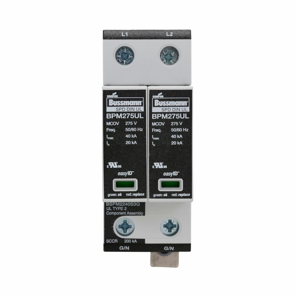 Surge Arrestor, Modular, without remote signaling contact, Technology type MOV, 120 to 127 Vac, 240 to 254 Vac, 240 Vac, 50/60 Hz frequency rating, One-phase, 200 kA short circuit rating, 35 mm DIN rail mount, GL/GG class, 25 Ns response t