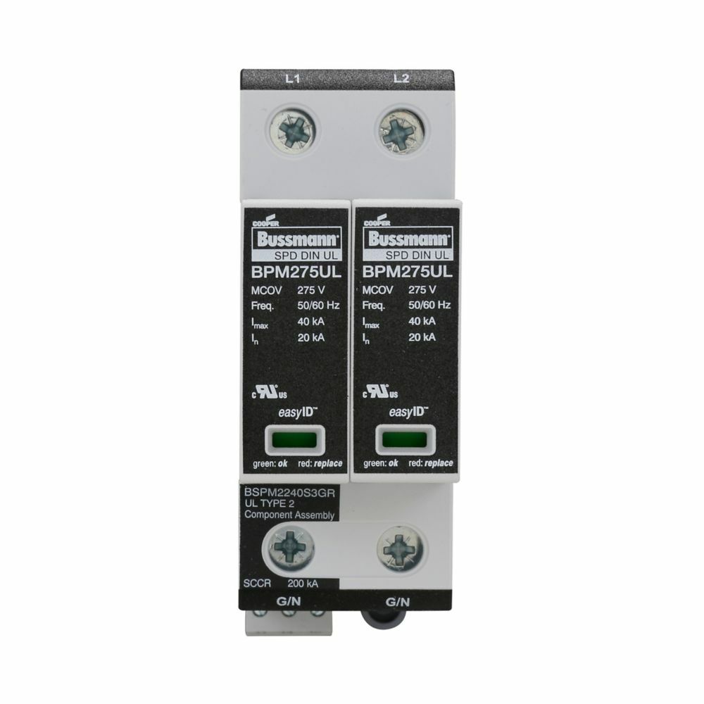 Surge Arrestor, Modular, with remote signaling contact, Technology type MOV, 120 to 127 Vac, 240 to 254 Vac, 240 Vac, 50/60 Hz frequency rating, One-phase, 200 kA short circuit rating, 35 mm DIN rail mount, GL/GG class, 25 Ns response time