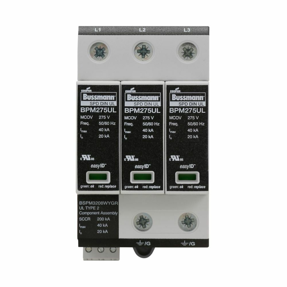 Surge Arrestor, Modular, without remote signaling contact, Technology type MOV, 480 Vac, 50/60 Hz frequency rating, 125 kA short circuit rating, 35 mm DIN rail mount, GL/GG class, 25 Ns response time, 14 AWG solid/flexible terminal connect