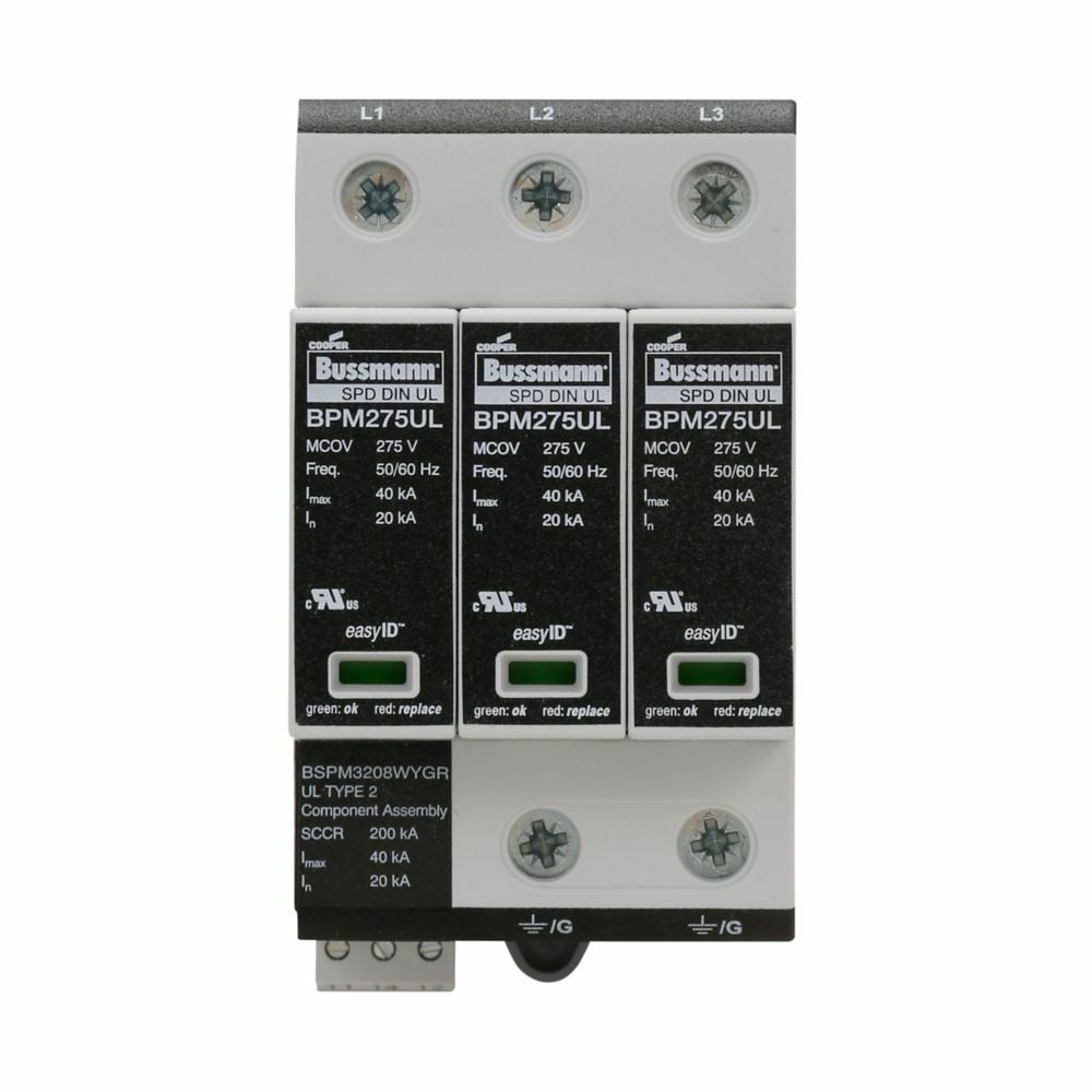 Surge Arrestor, Modular, without remote signaling contact, Technology type MOV, 347/600 Vac, 50/60 Hz frequency rating, 125 kA short circuit rating, 35 mm DIN rail mount, GL/GG class, 25 Ns response time, 14 AWG solid/ BSPM3600WYG