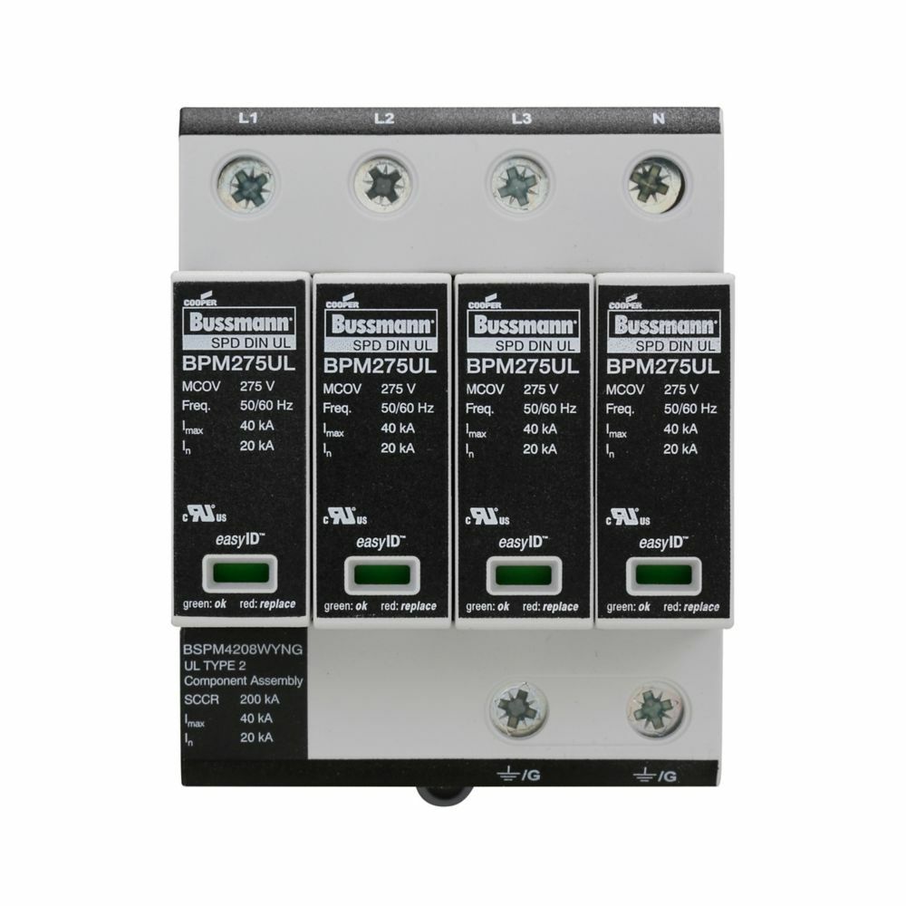 Surge Arrestor, Modular, without remote signaling contact, Technology type MOV, 120/208 Vac, 127/220 Vac, 50/60 Hz frequency rating, 200 kA short circuit rating, 35 mm DIN rail mount, GL/GG class, 25 Ns response time, 14 AWG solid/flexible