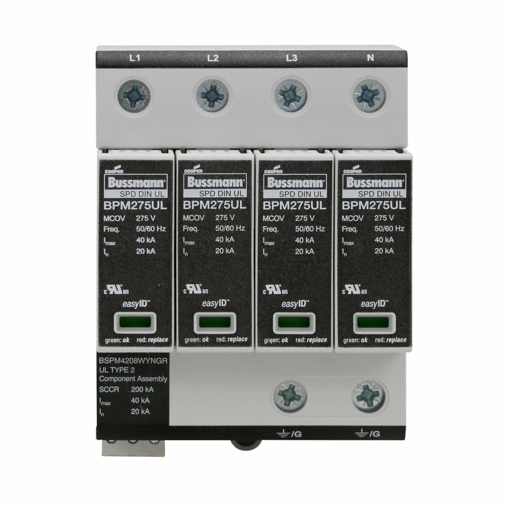 Surge Arrestor, Modular, with remote signaling contact, Technology type MOV, 120/208 Vac, 127/220 Vac, 50/60 Hz frequency rating, 200 kA short circuit rating, 35 mm DIN rail mount, GL/GG class, 25 Ns response time, 14 AWG solid/flexible te