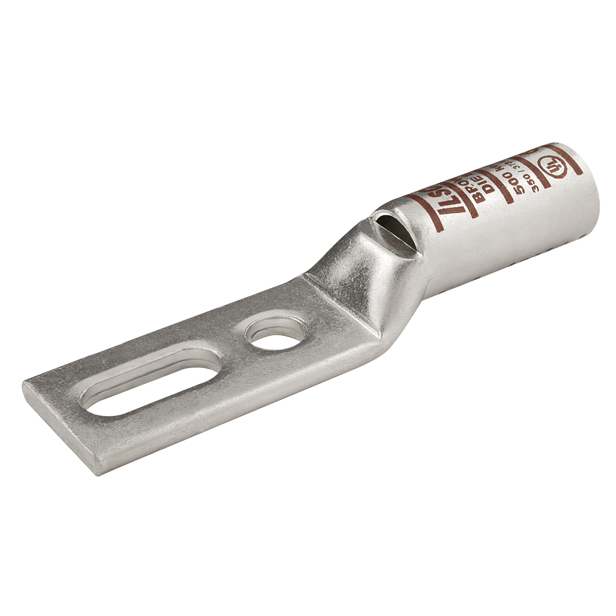 Surecrimp Copper Compression Lug, Conductor Size 2, 2 Holes, 3/8in Bolt Size, 5/8 to 1in Hole Spacing, Long Barrel, Sight Window, Slotted Tang, Tin Plated, UL, CSA