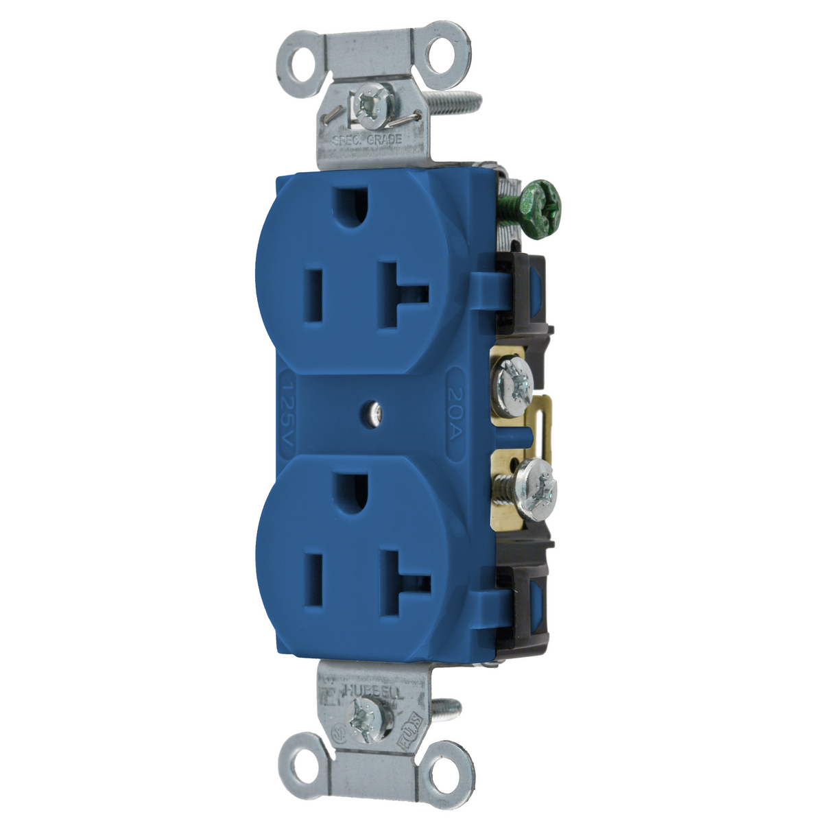 Straight Blade Devices, Duplex Receptacle, Commercial Grade, Smooth Face, 20A 125V, 2-Pole 3-Wire Grounding, 5-20R, Side Wired Only, Blue