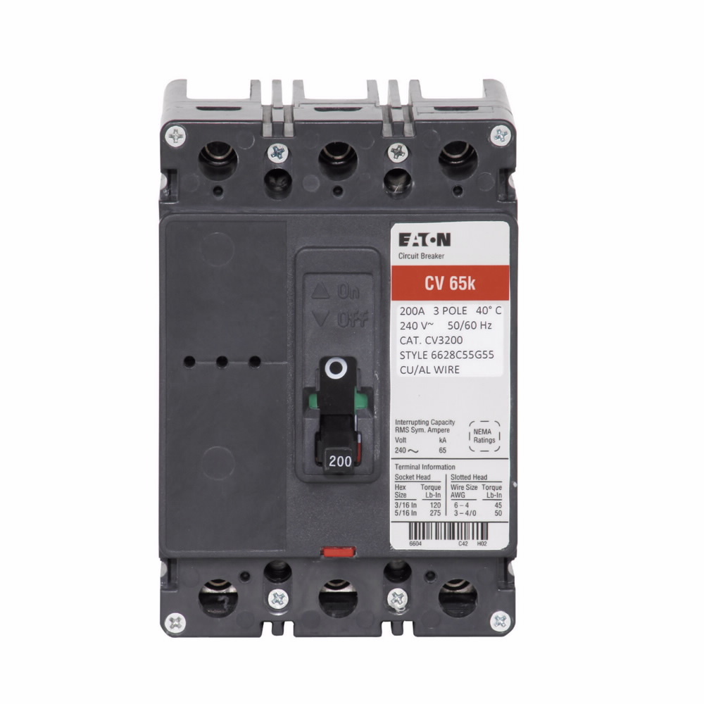 Eaton Type CV Molded Case Circuit Breaker,Molded case circuit breaker,200 A,42 kAIC,Three-pole,#6 - 4/0 Al/Cu,CV,#4/0 kcmil maximum load
