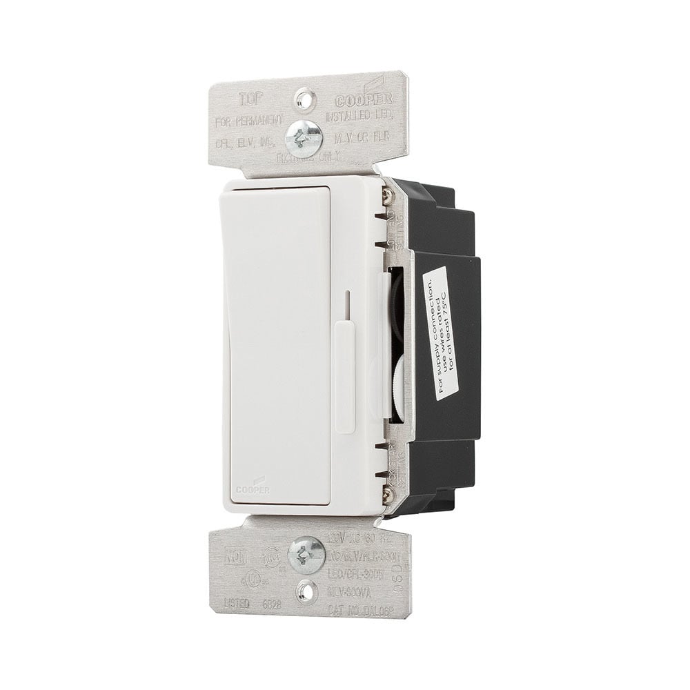 Eaton decorator dimmer, Preset feature, #14 - 12 AWG, 120V, Bck and sd wiring, Slide actuator, Screw term conn, Indoor, 60 Hz, LED, CFL, incand, halo, FLR, MLV, ELV, 1-pole, 3-way, multi-locat, Polycarb housing, 600W 731068