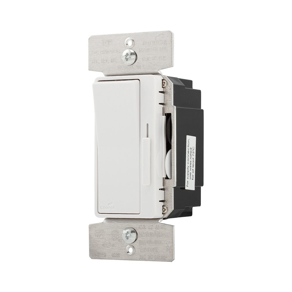 Eaton decorator dimmer, Preset feature, #14-12 AWG, 120V, Bck and sd wiring, Slide actuator, Screw term conn, Black, wht, ivory, Indoor, 60 Hz, LED, CFL, incand, halo, FLR, MLV, ELV, 1-pole, 3-way, multi-locat, Polycarb housing, 600W 731082