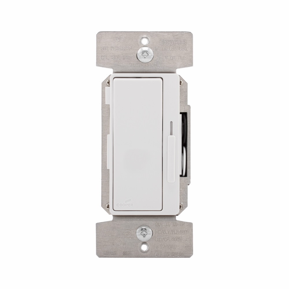 Eaton decorator dimmer, Preset feature, #14-12 AWG, 120V, Bck and sd wiring, Slide actuator, Screw term conn, Black, wht, gray, Indoor, 60 Hz, LED, CFL, incand, halo, FLR, MLV, ELV, 1-pole, 3-way, multi-locat, Polycarb housing, 600W 731495