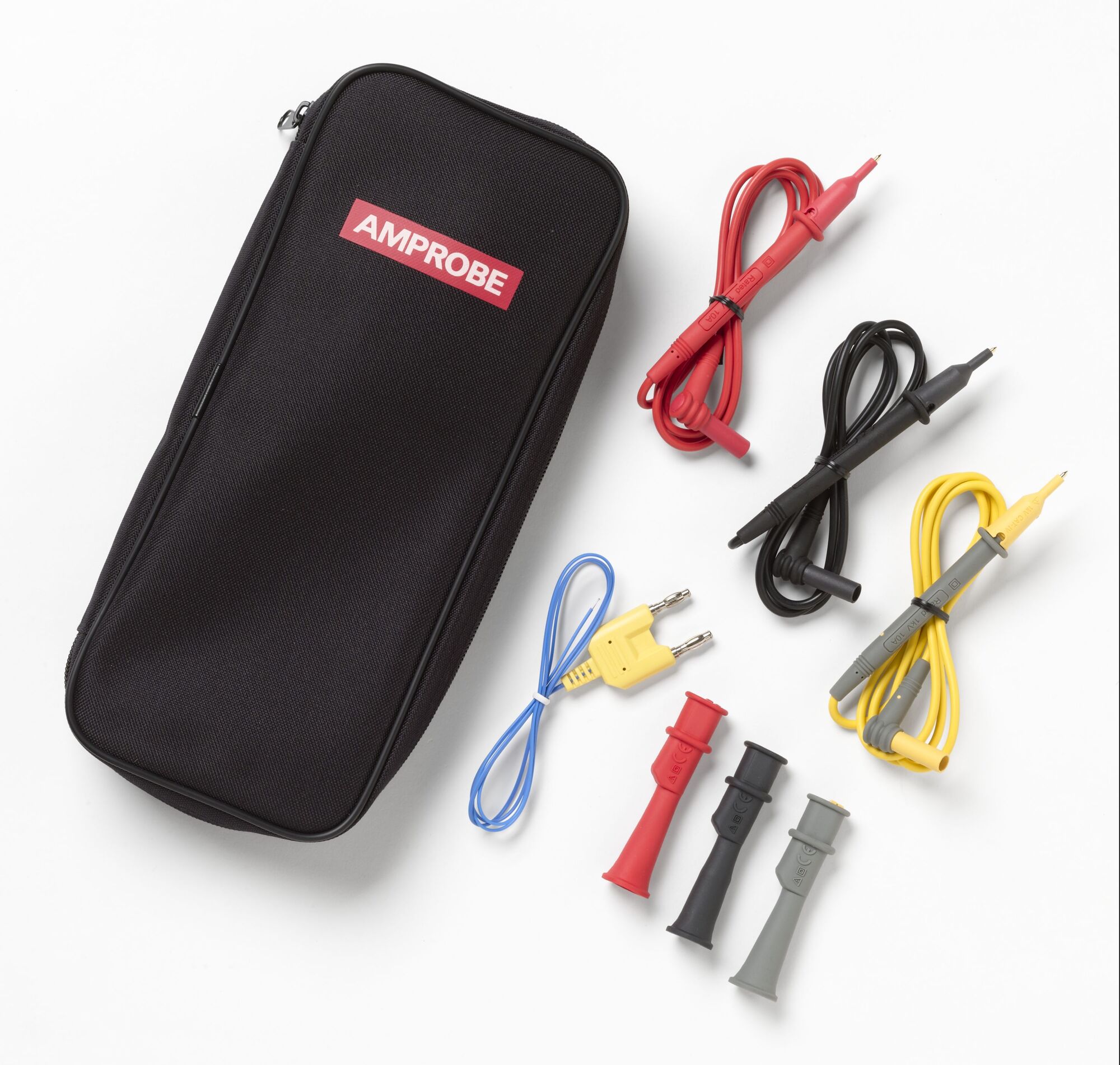 This Amprobe Test Lead Kit includes 48" long silicone lead wires, probe clips, spaced lugs, and fold out carrying case as well as spring loaded crimp tips and a red tip length extender.