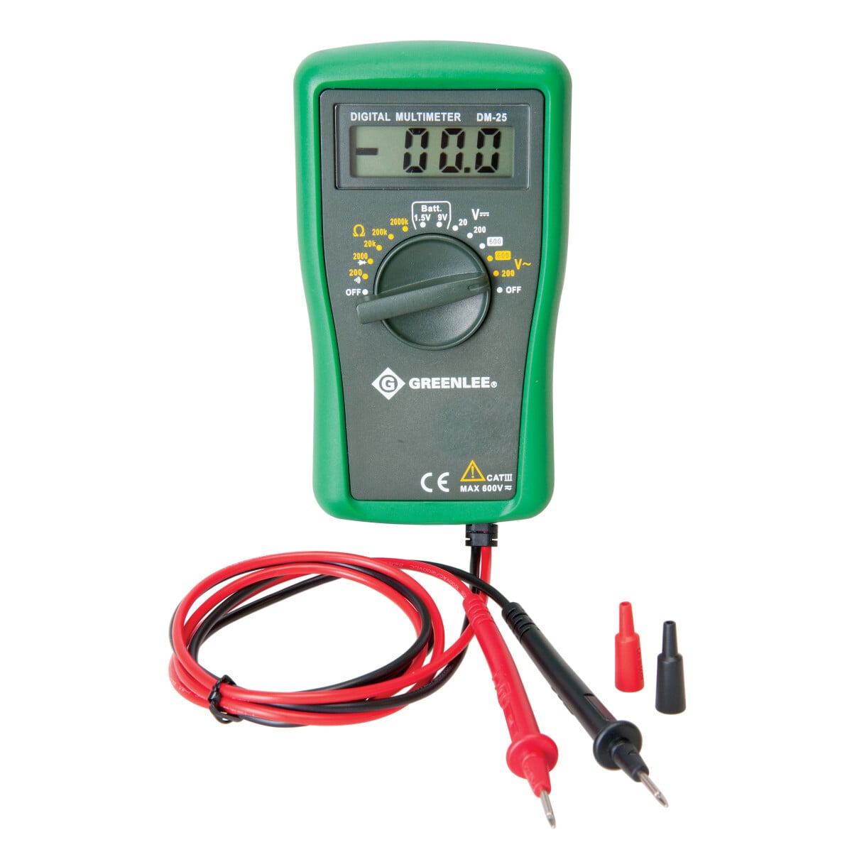 Digital AC/DC Multimeter CatIII 600V Manual Ranging.  Measures AC/DC voltage, AD/DC current and resistance.  Diode and audible continuity tests.  Tests 1.5V and 9V batteries.  Lifetime Limited Warrranty.