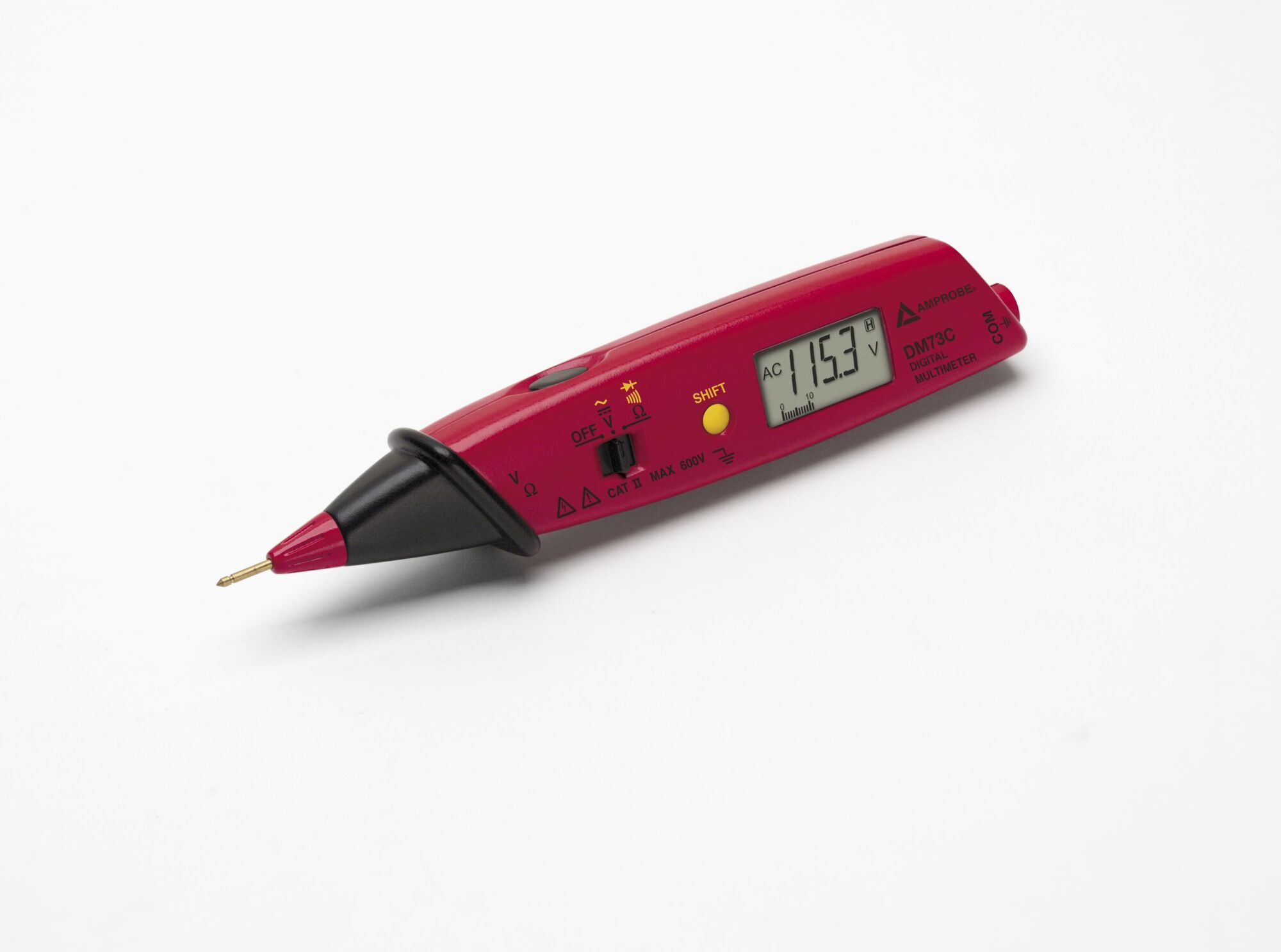 Pen Probe Digital Multimeter With Built-In Test Probe, Voltage Rating: AC DC: 3.4 V, 34 V, 340 V, 600 V, Resistance: 340 OHM, 3.4 KOHM, 34 KOHM, 340 KOHM, 3.4 MOHM, 34 MOHM, Accuracy: Plus-Minus (0.5PCT RDG + 2 DGT)For DC Voltage, Plus-Minus (1.5PCT RDG + 8 DGT)For AC Voltage, Plus-Minus (1PCT RDG + 4 DGT)For Resistance, Display: 3-3-4 Digit LCD, 3400 Count, Temperature Rating: 0 - 40 DEG C, Peak Hold: No, Diode Test: Yes, Dimensions: 7.8 IN Length X 1.1 IN Width X 1.4 IN Height, CE Certified, UL 3111-1 Listed, Cat III 300 V Safety Rated, Cat II 600 V Safety Rated, For professional Use