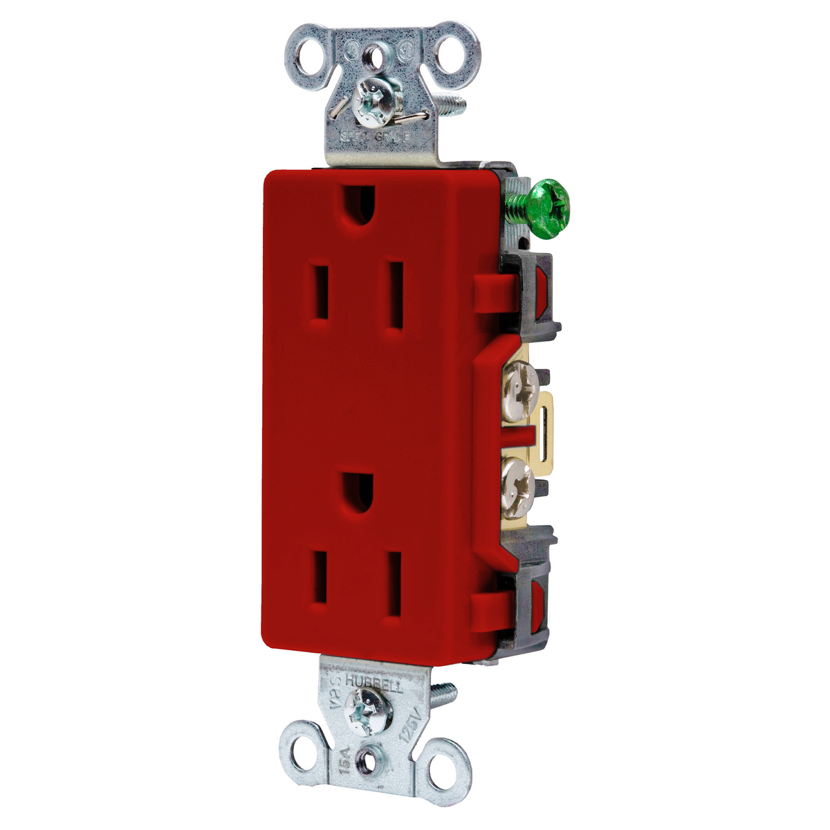 Straight Blade Devices, Decorator Duplex Receptacle, Commercial Grade, Smooth Face, 15A 125V, 2-Pole 3-Wire Grounding, 5-15R, Side Wired Only, Red.