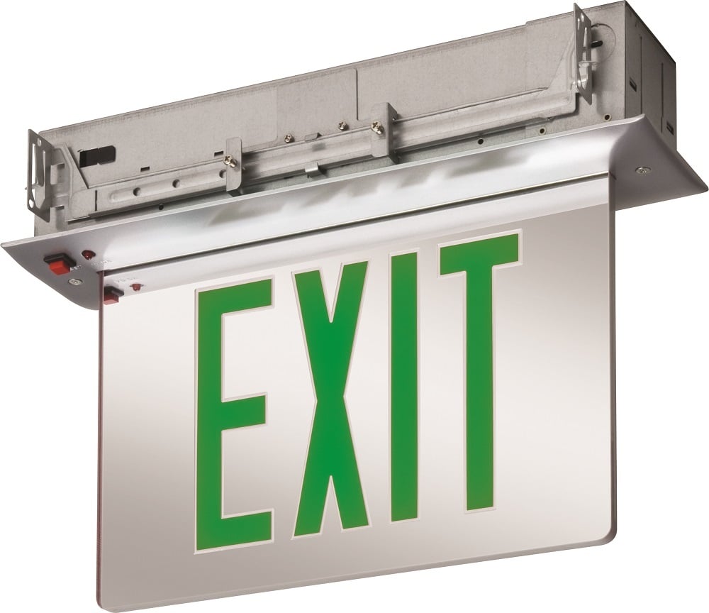 Recessed Mount Edge-Lit Exits with LED Lamps, Single face, Green, Emergency, SKU - 164UF4