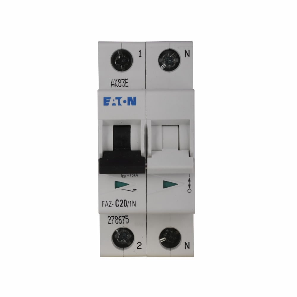 Eaton FAZ branch protector,UL 1077 Industrial miniature circuit breaker - supplementary protector,Single package,Medium levels of inrush current are expected,20 A,15 kAIC,Single-pole,277 V,5-10X /n,Q38,50-60 Hz,Ring-tongue terminals,C Curve