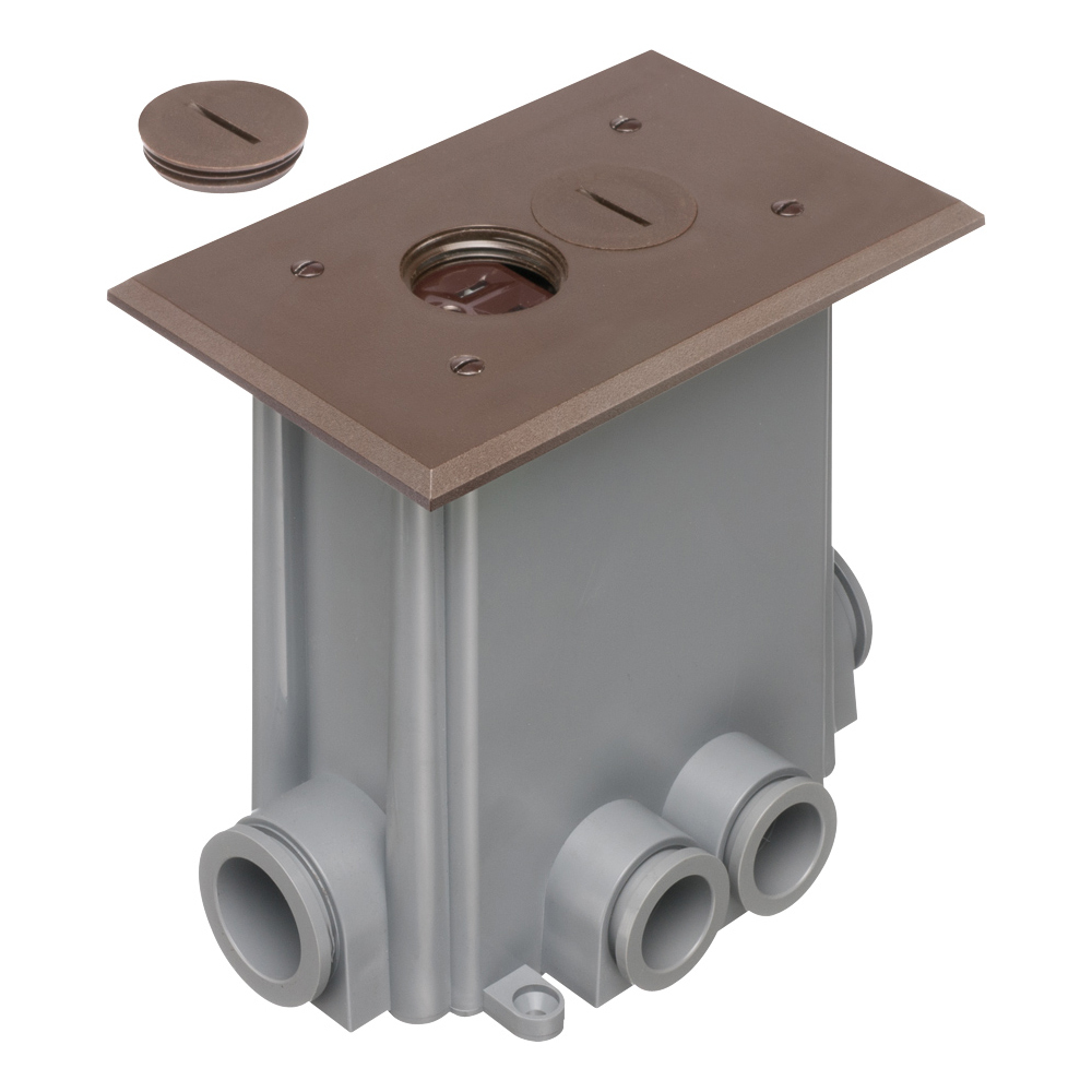 Non Metallic concrete floor box with non metallic covers for new concrete pours. Brown with Threaded plugs. Includes Box, Mud Cover, Four 3-1/4 plugs, two 1" plugs, 1/8" spacer 1/4" spacer. one 1/2" spacer, one 3/4" spacer, Mounting bracket, Duplex receptacle, Gasketed cover plate.