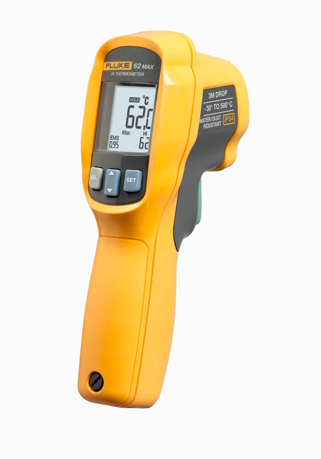The Fluke 62 MAX infrared thermometers are everything you'd expect from the experts in measuring temperature in transformers, motors, pumps, panels, breakers, compressors, duct, steam lines, valves, and vents in hard to reach areas for repair and maintenance. Small in size, extremely accurate and yet easy to use . IP54 rated for dust and water resistance. Precise yet rugged enough to take a 3-meter drop.