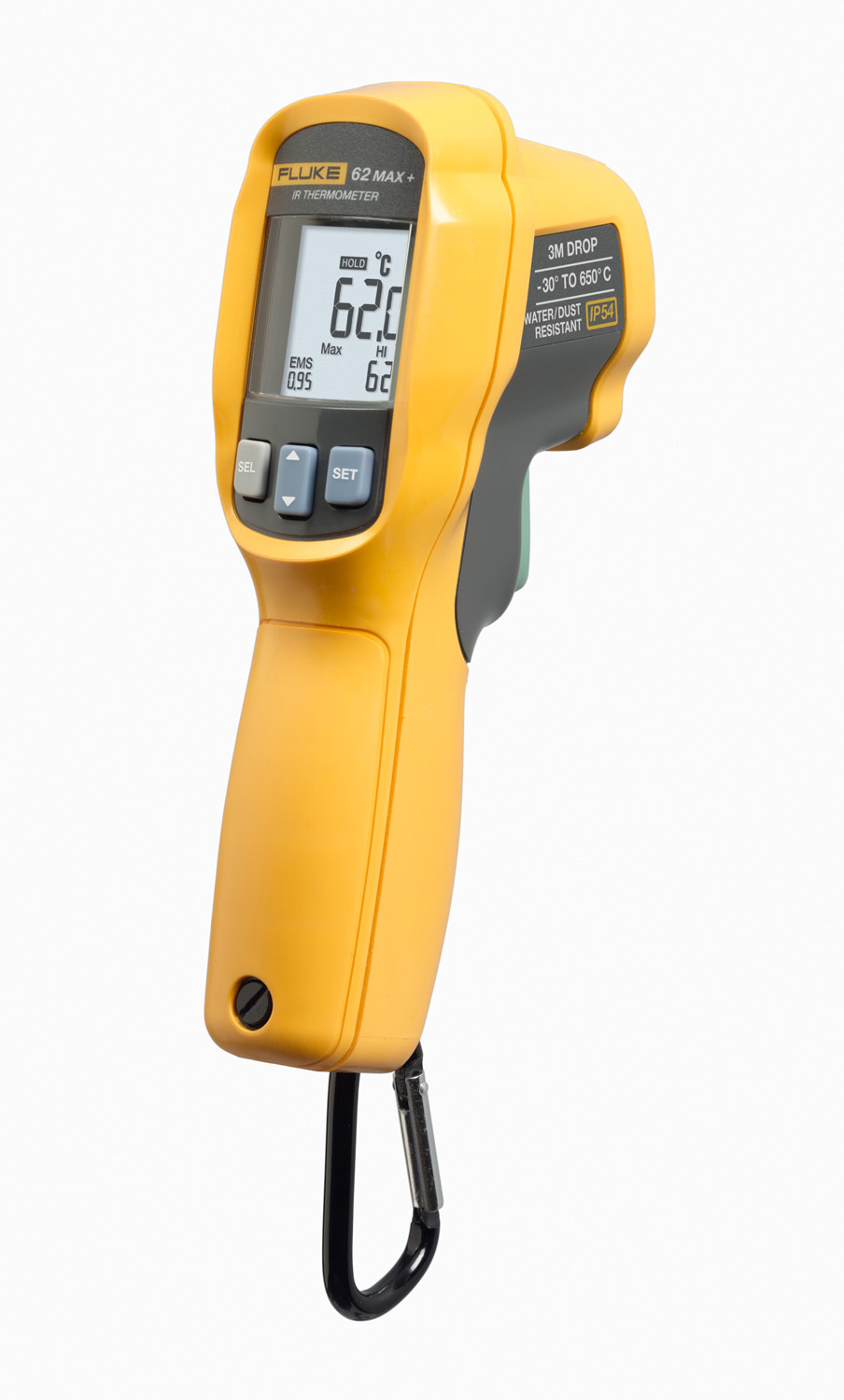 Small in Size. Big on Toughness. The Fluke 62 MAX+ infrared thermometers are everything you'd expect from the experts in measuring temperature in transformers, motors, pumps, panels, breakers, compressors, duct, steam lines, valves, and vents in hard to reach areas for repair and maintenance. Small in size, extremely accurate and yet easy to use . IP54 rated for dust and water resistance. Precise yet rugged enough to take a 3-meter drop.