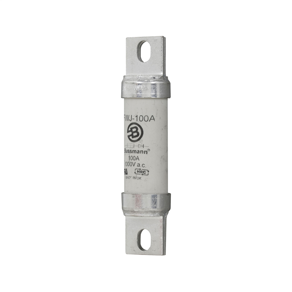 Eaton Bussmann series FWJ high speed fuse, 700 Vac/dc, 100A, 25 kAIC (35-200A), 100 kAIC (250-2000A), 50 kAIC at 800 Vdc (35-200A, 450-600A), None, High speed fuse, Blade end X blade end, Stud