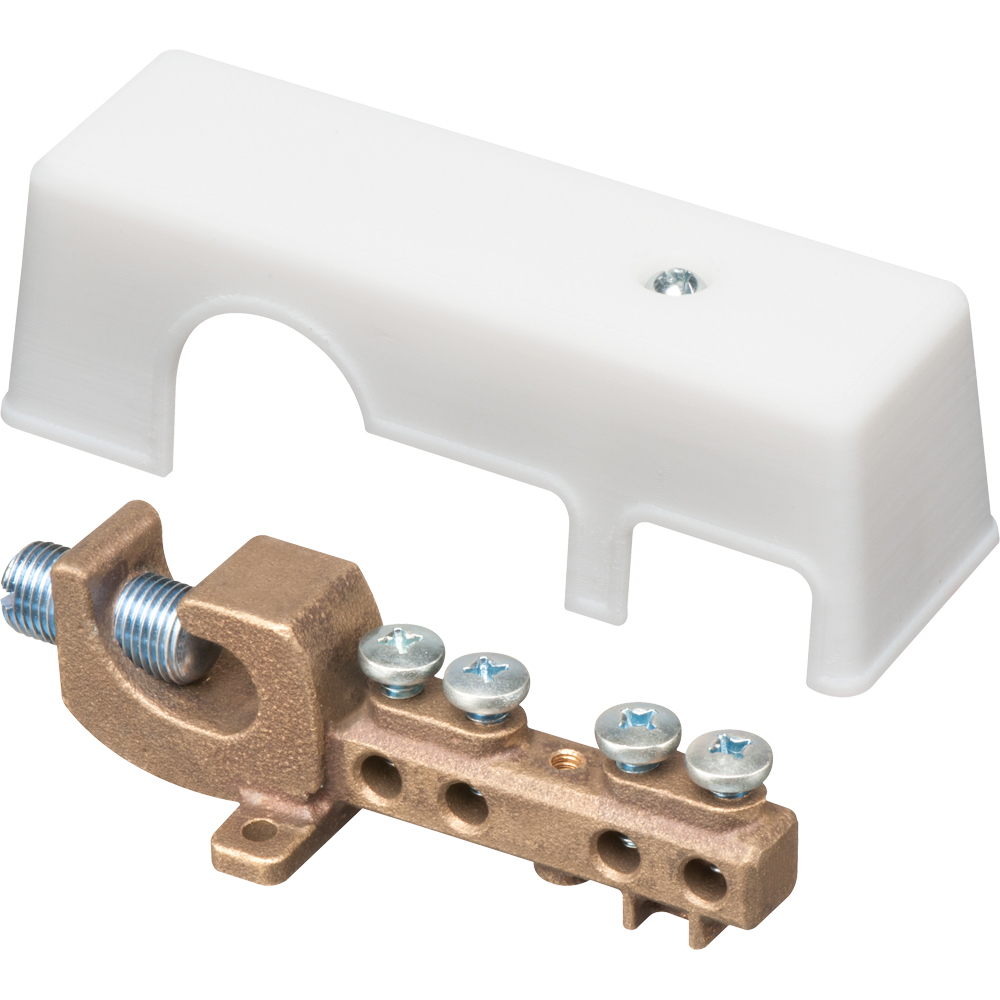 Intersystem grounding bridge, has 4 termination points, one more than required by the NEC. Cable range 4 termination points for #4 to #14 solid or stranded. Attaches to grounding conductor with lay in style lug with a cable range of #6 to 250MCM grounding wire solid or stranded. Bronze with white Cover.
