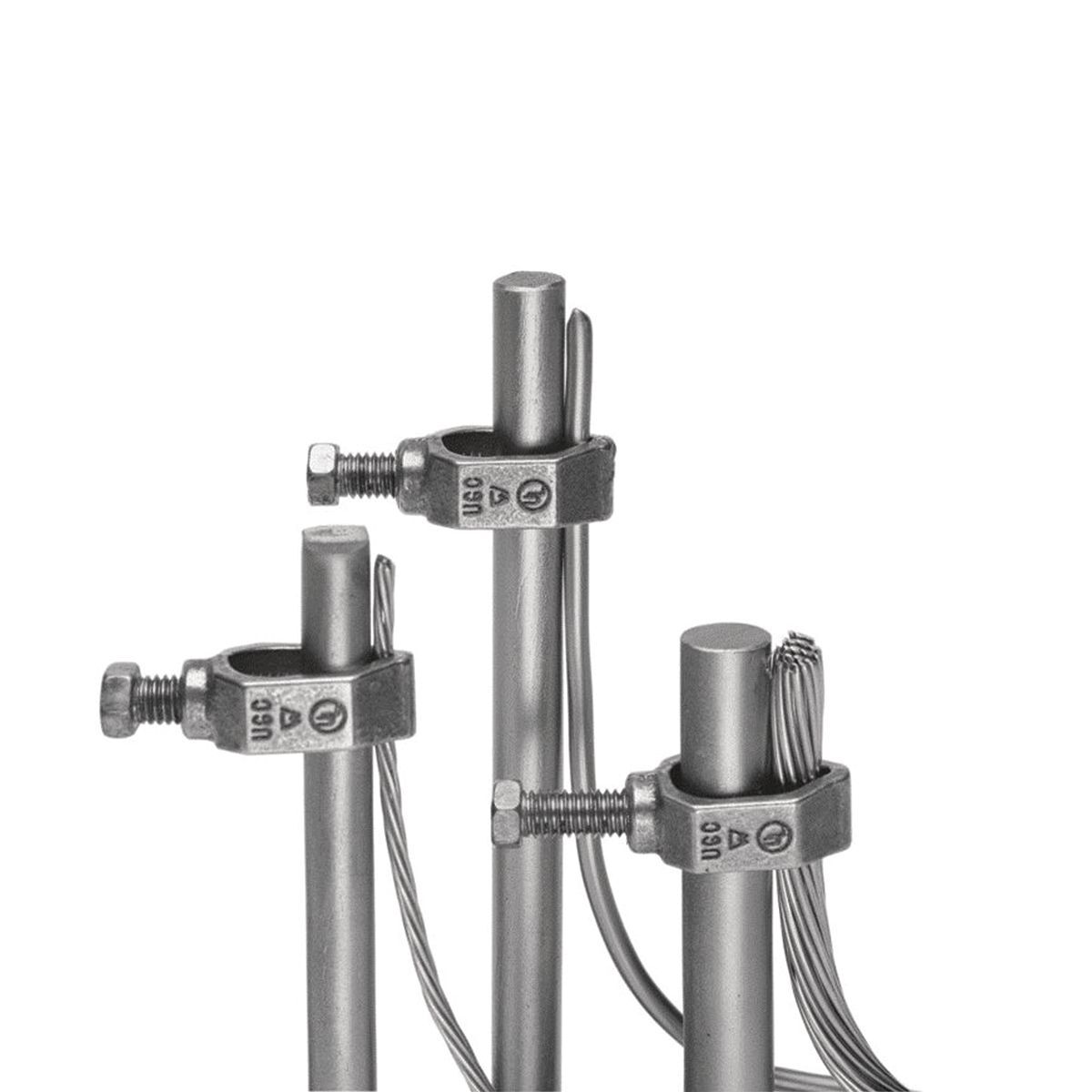 Mechanical Ground Connector, Cable to Rod or Rebar, 10AWG to 1/0 AWG conductor, 1/2 IN-3/4 IN Ground Rod, and #3-#5 Rebar