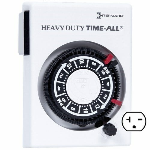 The 24 Hour H D Plug-In Timer w/2 ON/OFF Settings. 5000W, 240V, 20 Amps Resistive.  Heavy-Duty 240 VAC Timer is ideal for automatically controlling 240 volt air conditioners, heaters, heavy-duty appliances and Metal Halide/HPS lamps & fixtures. This 240V timer has 3,750 watt capacity and plugs directly into a wall outlet. It features 2 ON / 2 OFF settings per day and 3-prong 220-240 volt grounded plug and receptacle. The timer also has a manual override ON / OFF switch