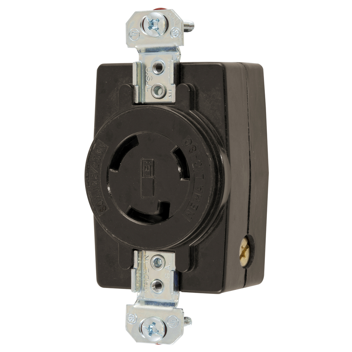 Locking Devices, Twist-Lock, Single Flush Receptacle, 30A, 125/250V AC, 3 Pole, 3 Wire Non-Grounding, NEMA L10-30R, Nylon face, back and side wire, Black