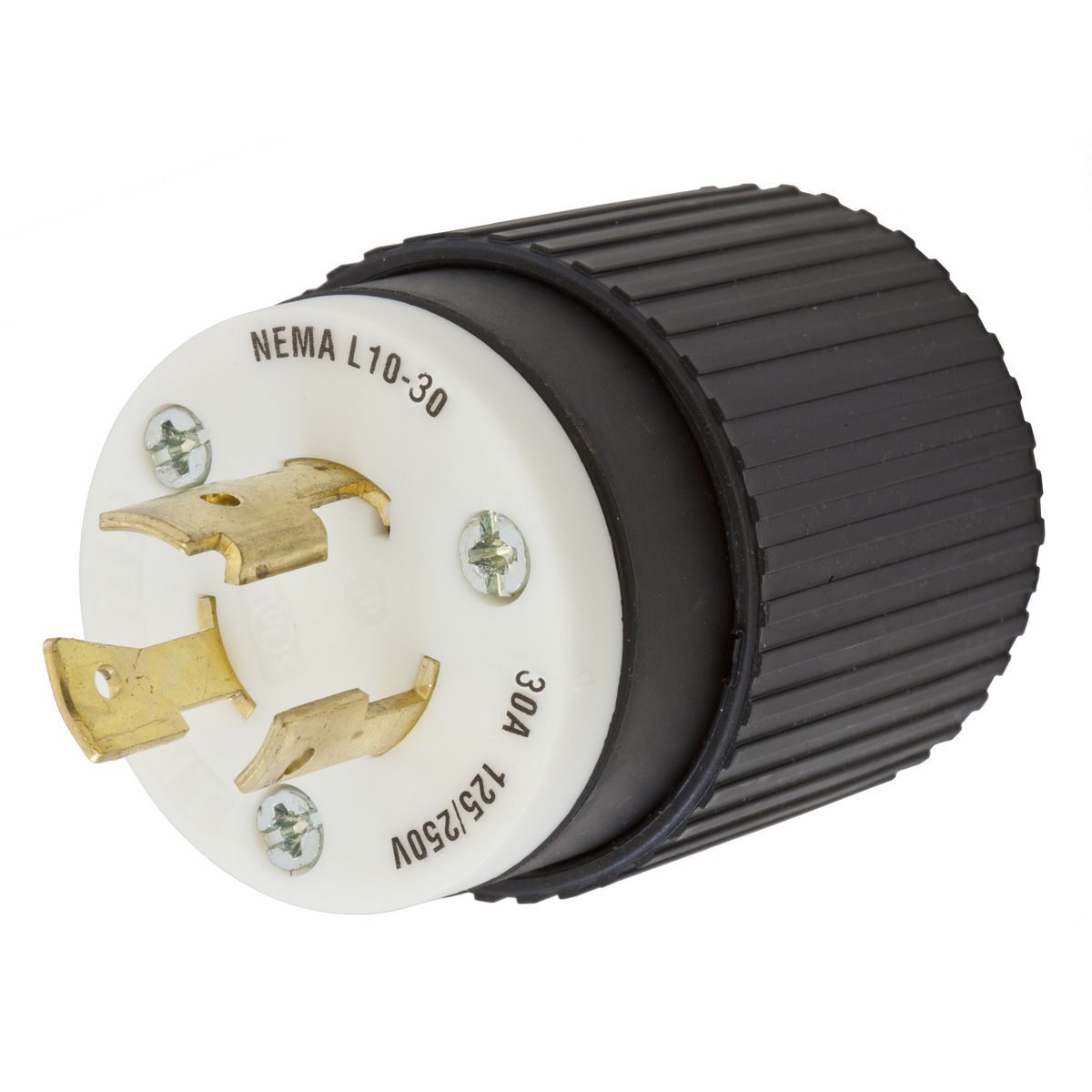 Locking Devices, Twist-Lock, Insulgrip Plug, 30A, 125/250V AC, 3 Pole, 3 Wire Non-Grounding, NEMA L10-30P, Black and white nylon