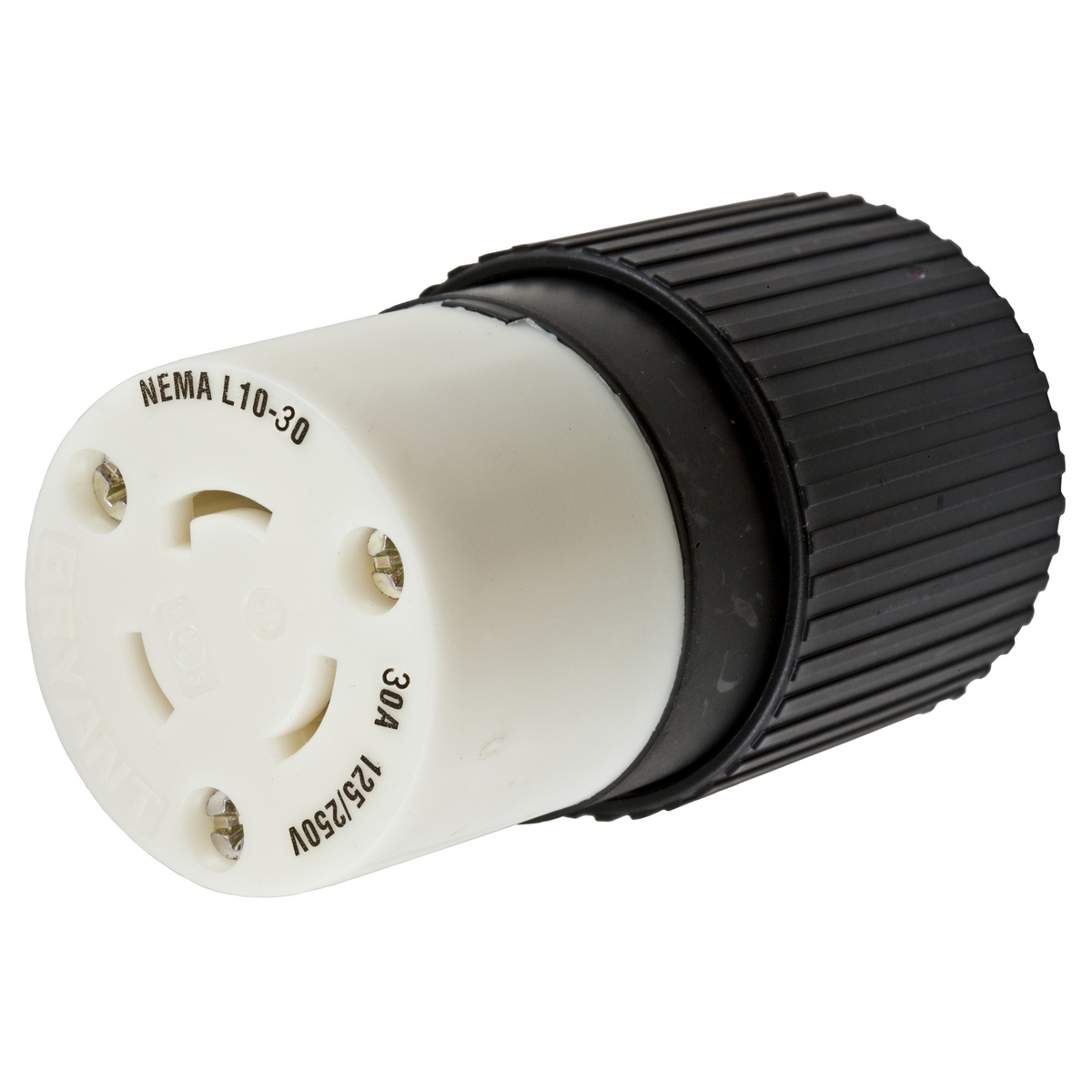 Locking Devices, Twist-Lock, Insulgrip Connector, 30A, 125/250V AC, 3 Pole, 3 Wire Non-Grounding, NEMA L10-30R, Black and white nylon