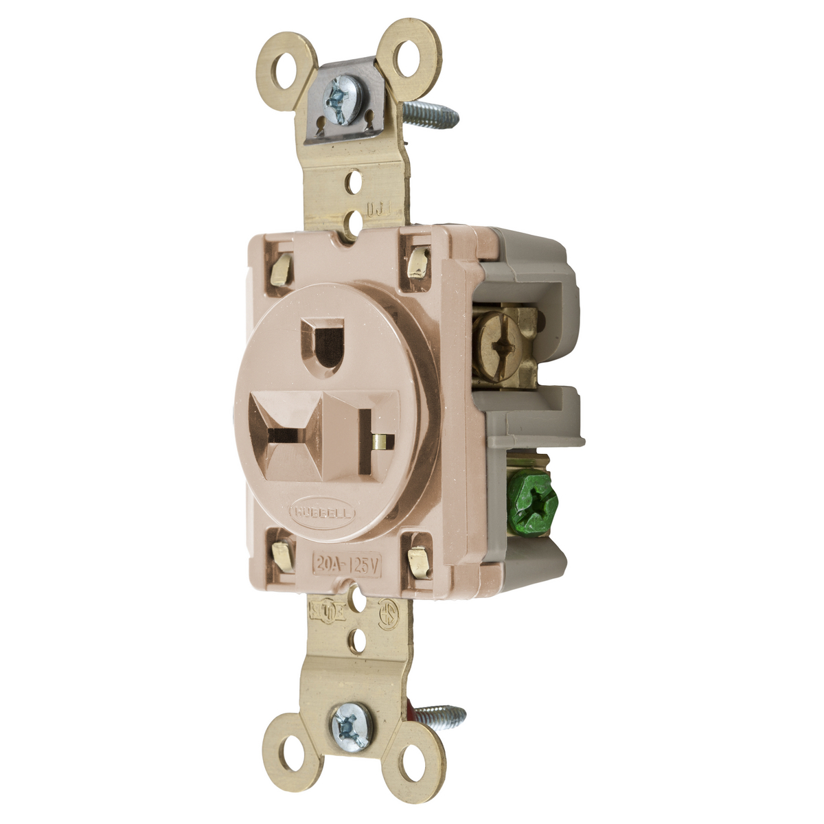 Hubbell Wiring Device, Straight Blade Devices, Receptacles, Single, Industrial Grade, 2-Pole 3-Wire Grounding, 20A 250V, 6-20R, Light Almond, Single Pack