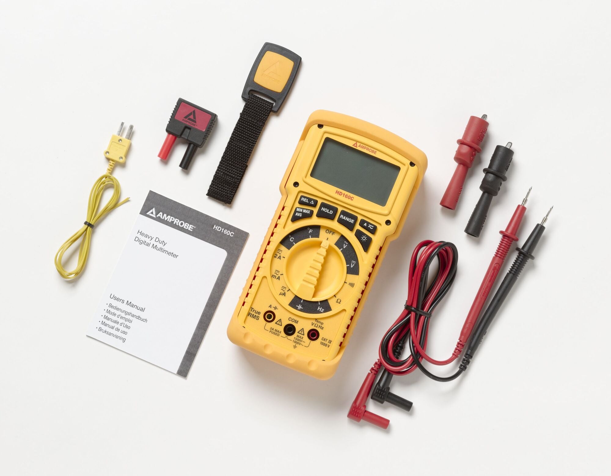 This Amprobe Heavy Duty Multimeter is designed for professional use in harsh environments. The meter is unusually rugged and reliable in everyday heavy use applications. It's made using waterproof construction to prevent dirt, grime and moisture from entering the case and causing inaccurate readings or damaging shorts. Built of tough, fire-retardant thermoplastic resistant to grease and chemical spills, with all sensitive components shock-mounted for a drop resistant to at least eight feet. This meter has an extended voltage measurement capability of 1500V DC and 1000V AC, unmatched by any other line of digital multimeters. The extended voltage ranges can withstand transients up to 12 kV.