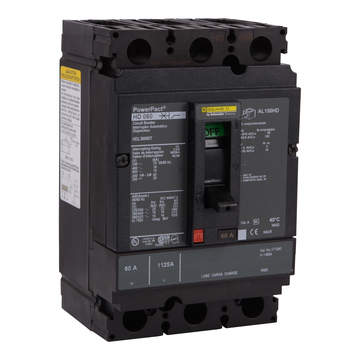 HDL36060U44X Molded Case Circuit Breaker, 60 Amp, 3 Pole, 600V