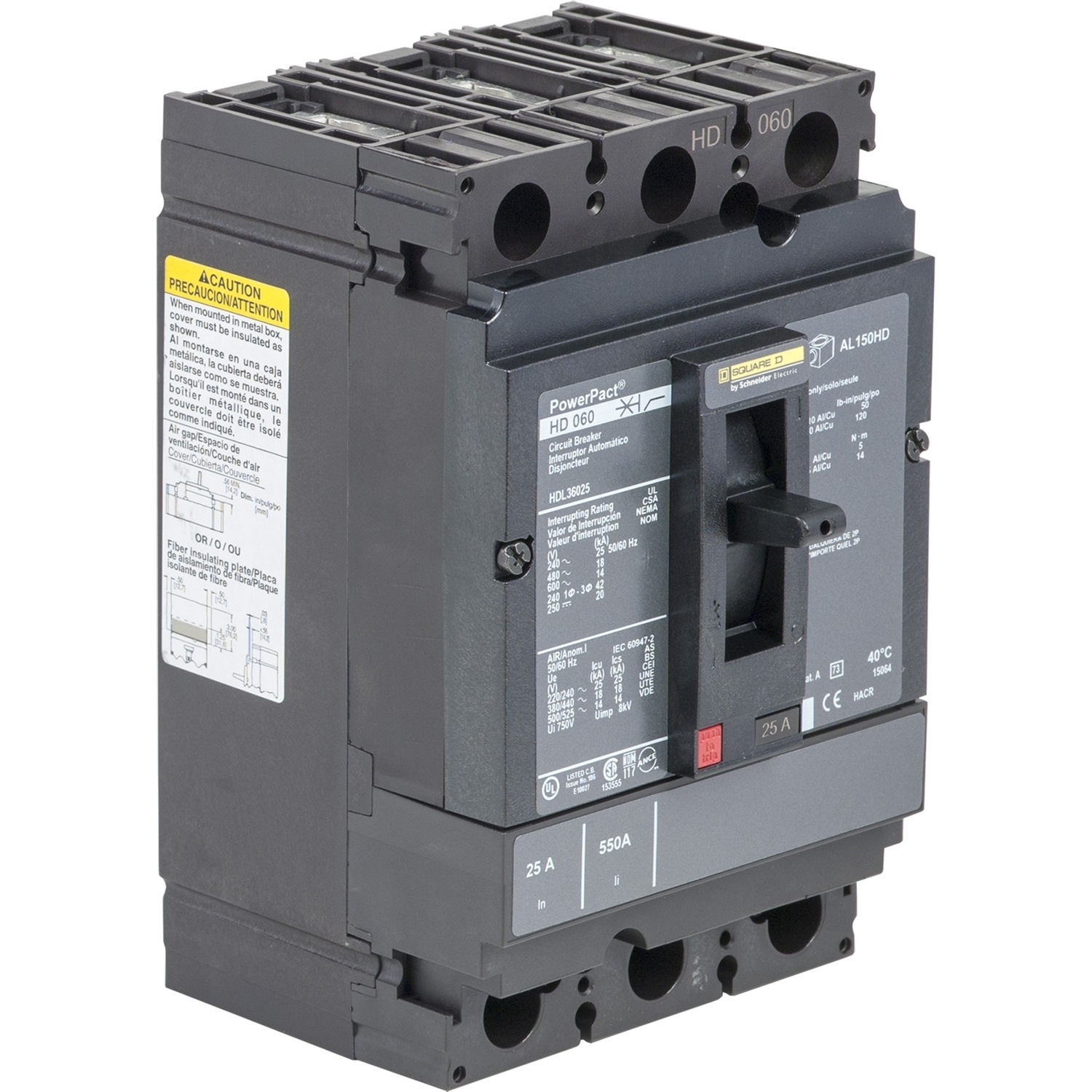 Circuit breaker, PowerPacT H, 15A, 3 pole, 600VAC, 18kA, lugs, thermal magnetic, 100%