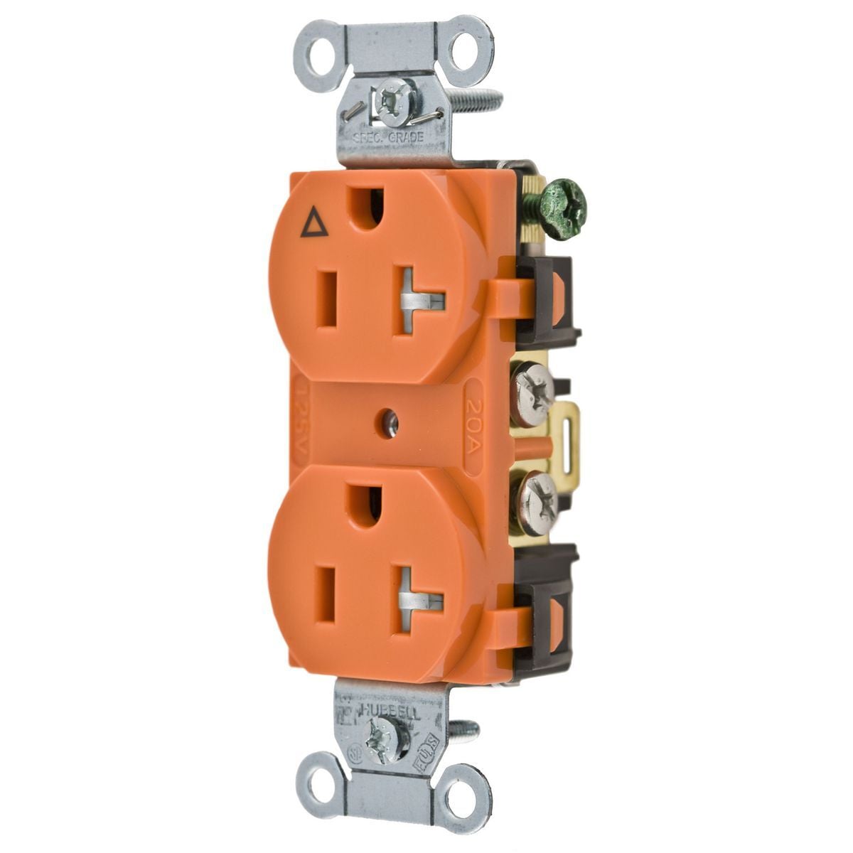 Straight Blade Devices, Tamper Resistant Duplex Receptacle, Isolated Ground, Commercial Grade, 20A 125V, 2-Pole 3-Wire Grounding, 5-20R, Back and Side Wired, Orange, Single Pack