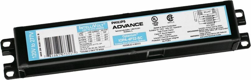 Redefining the rules Promotes sustainability by consuming less input watts than standard efficiency electronic ballasts;Enhances accuracy and ease of ordering while reducing;Reduces the potential for lamp striation typically seen when using energy saving lamps Philips Advance Optanium high-efficiency electronic ballasts are engineered to optimize lighting performance and maximize energy savings. These ballasts provide an unparalleled package of features and benefits to support the wide variety of T8 fluorescent lamps out in the market place. Helps reduce maintenance costs as more lamps remain on when lamps reach end-of-life minimizing wasteful re-lamping;Reduces the likelihood of striation in energy-saving lamps, allowing for additional energy-saving opportunities;Allows users to replace lamps without cycling power (standard and energy saving lamps) Orgeneral office lighting, institutional, government, health care, school applications, occupancy sensors or motion detectors replacement for incandescent down-lighting systems