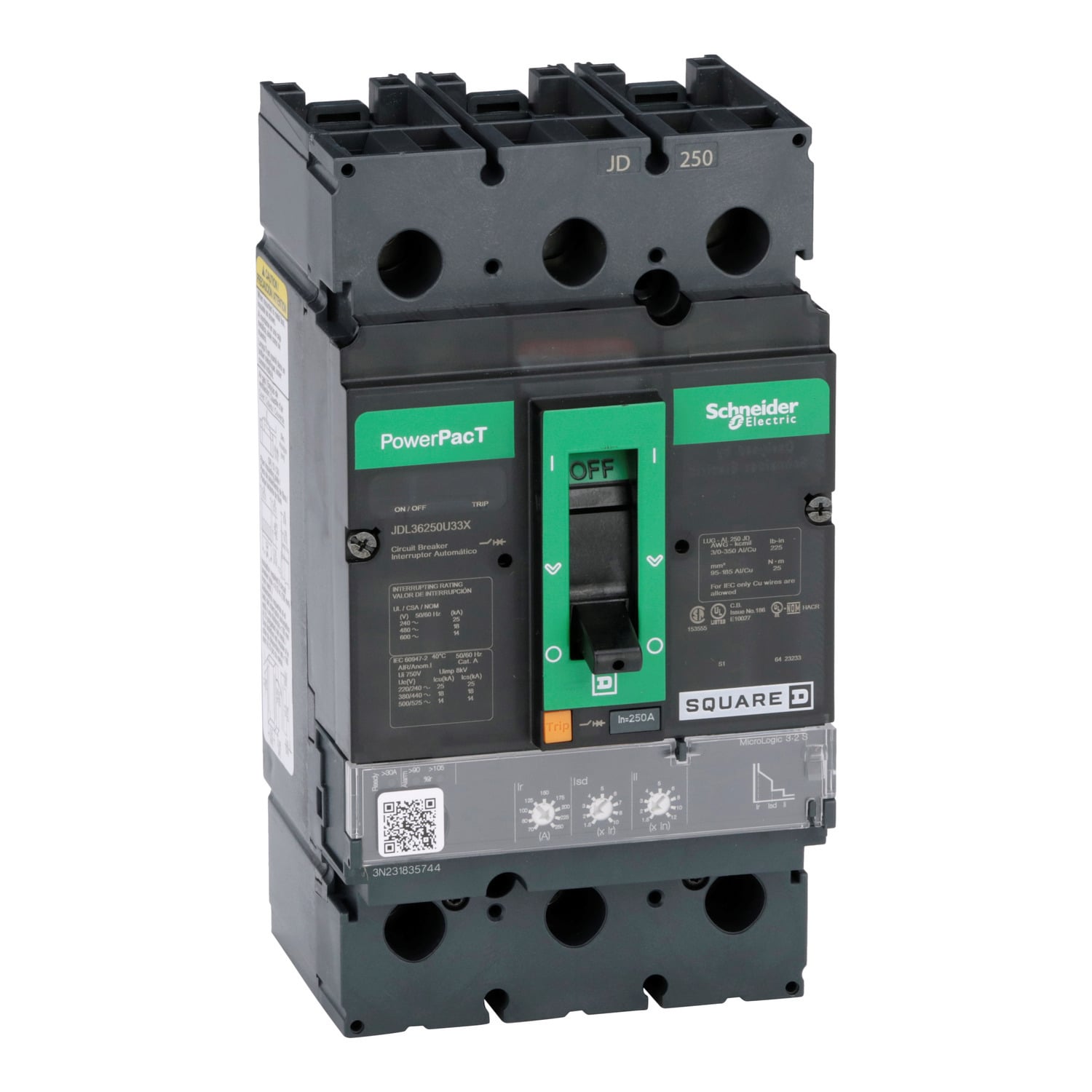 JDL36250U33X Molded Case Circuit Breaker, 250 Amp, 3 Pole, 600V