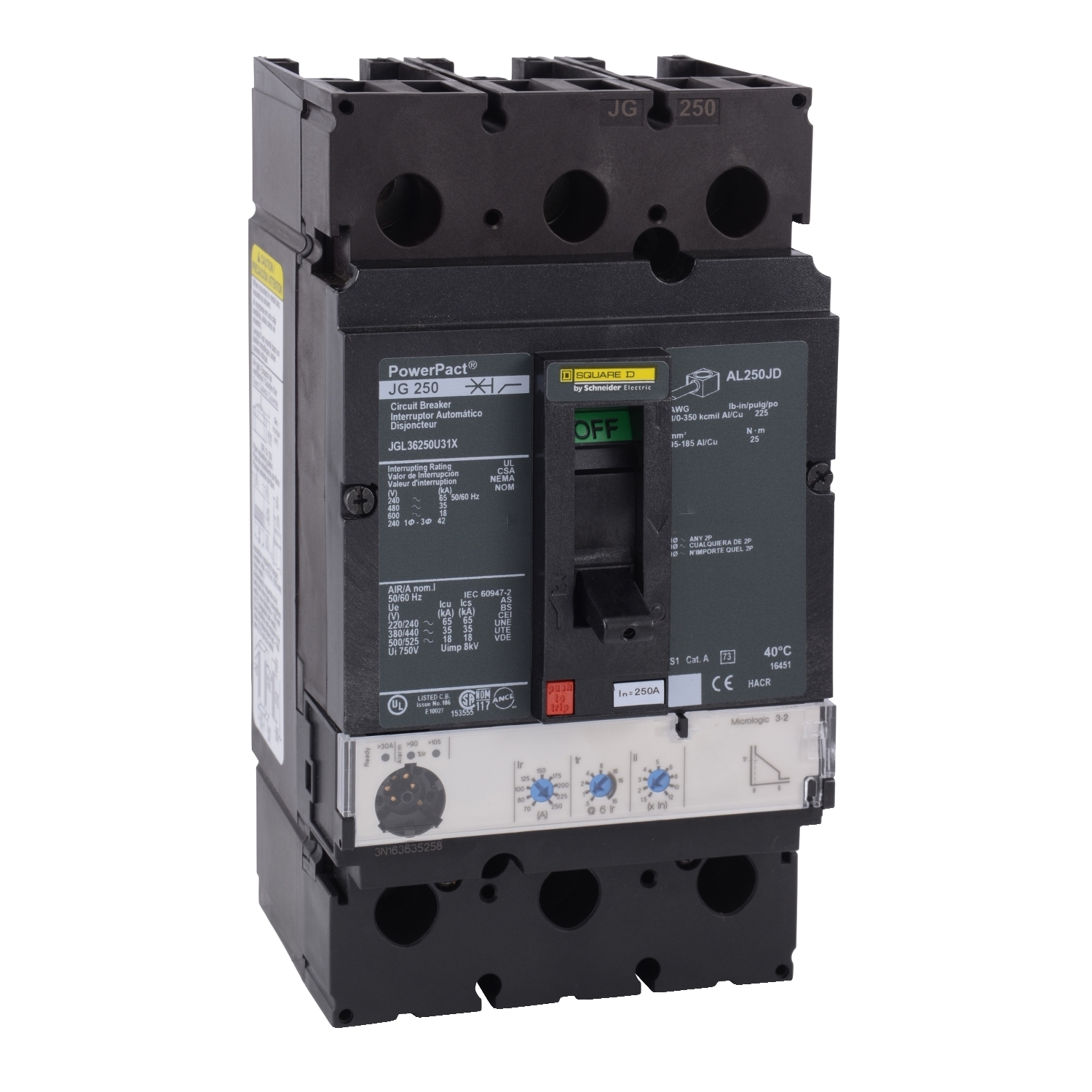 JGL36250U31X Molded Case Circuit Breaker, 250 Amp, 3 Pole, 600V