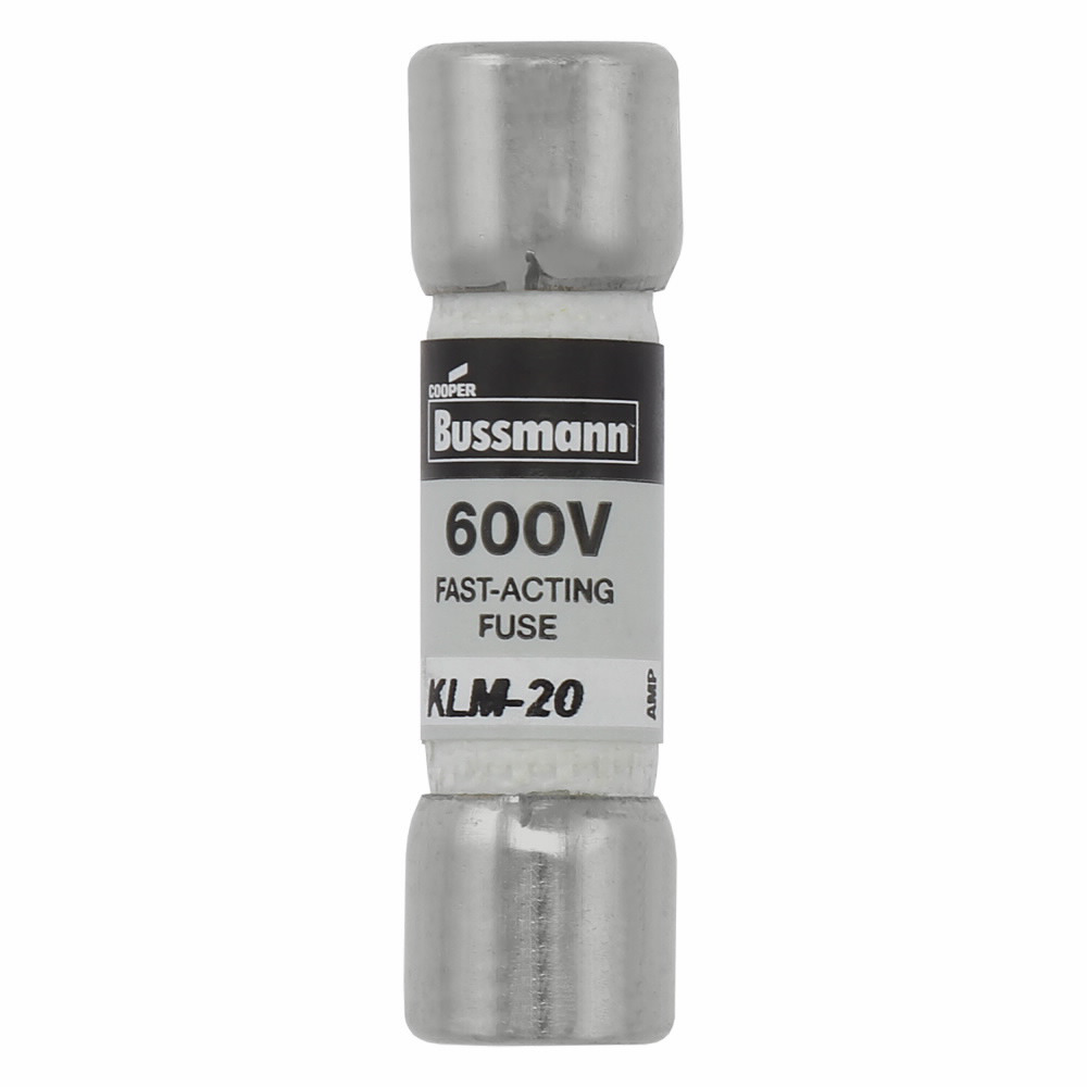 Eaton Bussmann series KLM fuse, LIMITRON Fast-acting fuse, 20 A, Non-indicating, Ferrule end x ferrule end, 100 kAIC at 600 V,50 kAIC at 600 Vdc, Melamine tube,Nickel-plated bronze endcap, 600 V, 600 Vdc