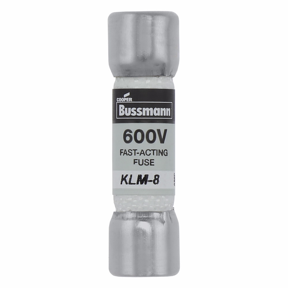 Eaton Bussmann series KLM fuse, LIMITRON Fast-acting fuse, 8 A, Non-indicating, Ferrule end x ferrule end, 100 kAIC at 600 V,50 kAIC at 600 Vdc, Melamine tube,Nickel-plated bronze endcap, 600 V, 600 Vdc