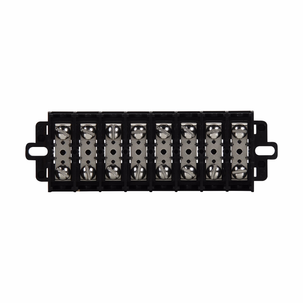 Eaton Bussmann KU series panel mount terminal block connector, Top cover and two end plates, 600V, 60A, Eight-pole, Black, Molded nuclear grade noryl base, nickel-plated brass philslot screw