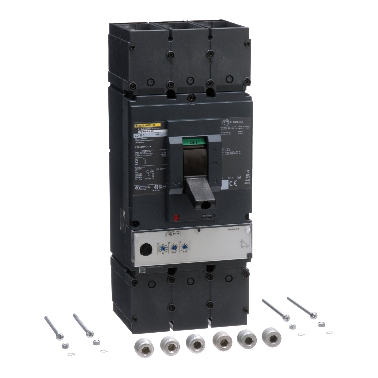 Circuit breaker, PowerPacT L, 400A, 3 pole, 600VAC, 14kA, lugs, MicroLogic 3.3, 80%