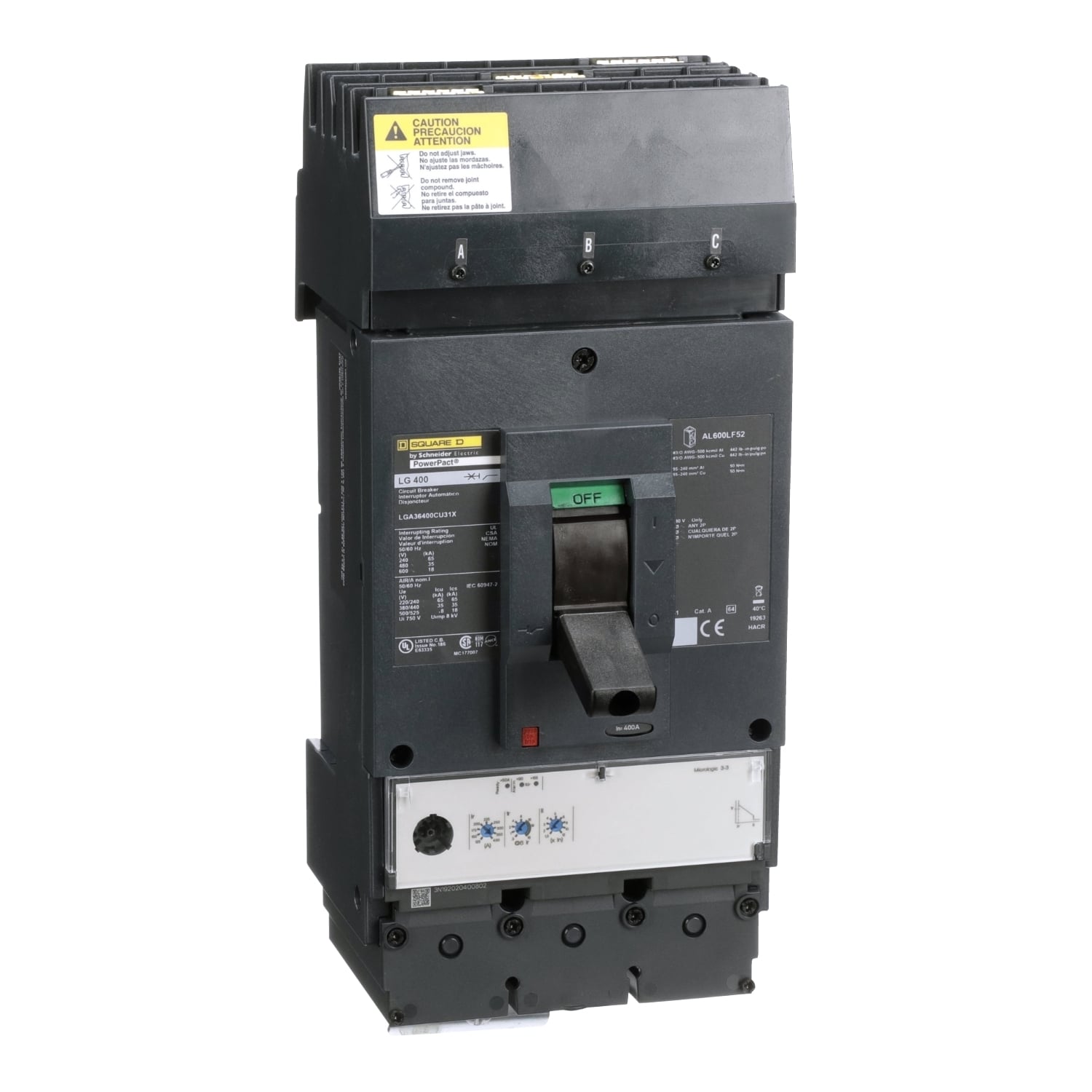 Circuit breaker, PowerPacT L, 400A, 3 pole, 600VAC, 18kA, I-Line, MicroLogic 3.3, 100%, ABC