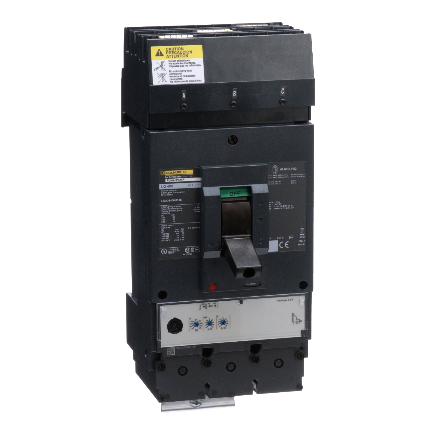 Circuit breaker, PowerPacT L, 400A, 3 pole, 600VAC, 18kA, I-Line, MicroLogic 3.3S, 80%, ABC