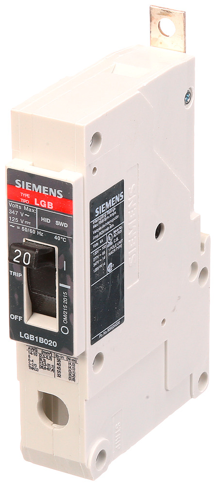  LOW VOLTAGE PANELBOARD MOUNT G FRAME CIRCUIT BREAKER WITH THERMAL - MAGNETIC TRIP. UL LISTED LGB FRAME WITH VERY HIGH BREAKING CAPACITY. 20A 1-POLE (14KAIC AT 347V) (65KAIC AT 277V). SPECIAL FEATURES MOUNTS ON PANELBOARD, LOAD SIDELUGS ONLY (TC1Q1) WIRE RANGE 14 - 10 AWS (CU/AL). DIMENSIONS (W x H x D) IN 1 x5.4 x 2.8.