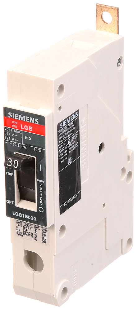  LOW VOLTAGE PANELBOARD MOUNT G FRAME CIRCUIT BREAKER WITH THERMAL - MAGNETIC TRIP. UL LISTED LGB FRAME WITH VERY HIGH BREAKING CAPACITY. 30A 1-POLE (14KAIC AT 347V) (65KAIC AT 277V). SPECIAL FEATURES MOUNTS ON PANELBOARD, LOAD SIDELUGS ONLY (TC1Q1) WIRE RANGE 14 - 10 AWS (CU/AL). DIMENSIONS (W x H x D) IN 1 x5.4 x 2.8.