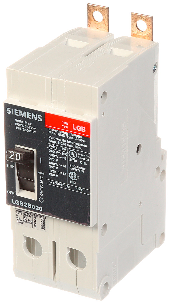  LOW VOLTAGE PANELBOARD MOUNT G FRAME CIRCUIT BREAKER WITH THERMAL - MAGNETIC TRIP. UL LISTED LGB FRAME WITH VERY HIGH BREAKING CAPACITY. 20A 2-POLE (14KAIC AT 600Y/347V) (65KAIC AT 480Y/277V). SPECIAL FEATURES MOUNTS ON PANELBOARD,LOAD SIDE LUGS ONLY (TC1Q1) WIRE RANGE 14 - 10 AWS (CU/AL). DIMENSIONS (W x H xD) IN 2 x 5.4 x 2.8.