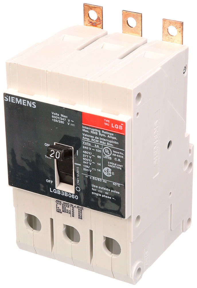  LOW VOLTAGE PANELBOARD MOUNT G FRAME CIRCUIT BREAKER WITH THERMAL - MAGNETIC TRIP. UL LISTED LGB FRAME WITH VERY HIGH BREAKING CAPACITY. 20A 3-POLE (14KAIC AT 600Y/347V) (65KAIC AT 480Y/277V). SPECIAL FEATURES MOUNTS ON PANELBOARD,LOAD SIDE LUGS ONLY (TC1Q1) WIRE RANGE 14 - 10 AWS (CU/AL). DIMENSIONS (W x H xD) IN 3 x 5.4 x 2.8.