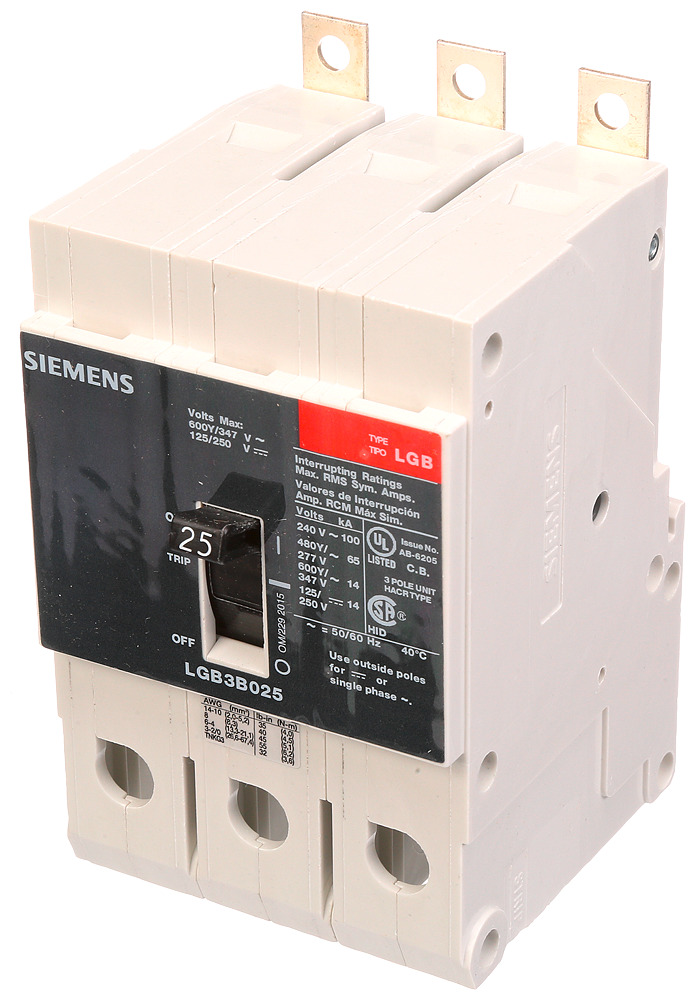  LOW VOLTAGE PANELBOARD MOUNT G FRAME CIRCUIT BREAKER WITH THERMAL - MAGNETIC TRIP. UL LISTED LGB FRAME WITH VERY HIGH BREAKING CAPACITY. 25A 3-POLE (14KAIC AT 600Y/347V) (65KAIC AT 480Y/277V). SPECIAL FEATURES MOUNTS ON PANELBOARD,LOAD SIDE LUGS ONLY (TC1Q1) WIRE RANGE 14 - 10 AWS (CU/AL). DIMENSIONS (W x H xD) IN 3 x 5.4 x 2.8.