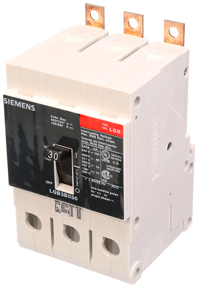  LOW VOLTAGE PANELBOARD MOUNT G FRAME CIRCUIT BREAKER WITH THERMAL - MAGNETIC TRIP. UL LISTED LGB FRAME WITH VERY HIGH BREAKING CAPACITY. 30A 3-POLE (14KAIC AT 600Y/347V) (65KAIC AT 480Y/277V). SPECIAL FEATURES MOUNTS ON PANELBOARD,LOAD SIDE LUGS ONLY (TC1Q1) WIRE RANGE 14 - 10 AWS (CU/AL). DIMENSIONS (W x H xD) IN 3 x 5.4 x 2.8.