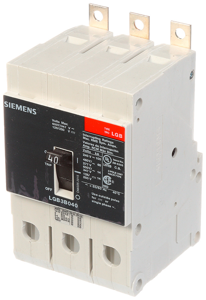  LOW VOLTAGE PANELBOARD MOUNT G FRAME CIRCUIT BREAKER WITH THERMAL - MAGNETIC TRIP. UL LISTED LGB FRAME WITH VERY HIGH BREAKING CAPACITY. 40A 3-POLE (14KAIC AT 600Y/347V) (65KAIC AT 480Y/277V). SPECIAL FEATURES MOUNTS ON PANELBOARD,LOAD SIDE LUGS ONLY (TC1GG20) WIRE RANGE 8 - 1/0 AWS (CU/AL). DIMENSIONS (W x Hx D) IN 3 x 5.4 x 2.8.